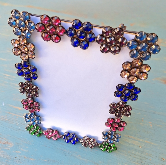 Jeweled Picture Frame Metal and Gemstone Flowers Multi Colored Jewel Tones - Picture 4 of 16